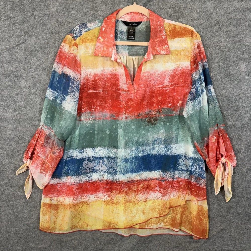 Ali Miles Tunic Blouse Womens Sz L Multicolor Striped Lightweight Sheer Layered